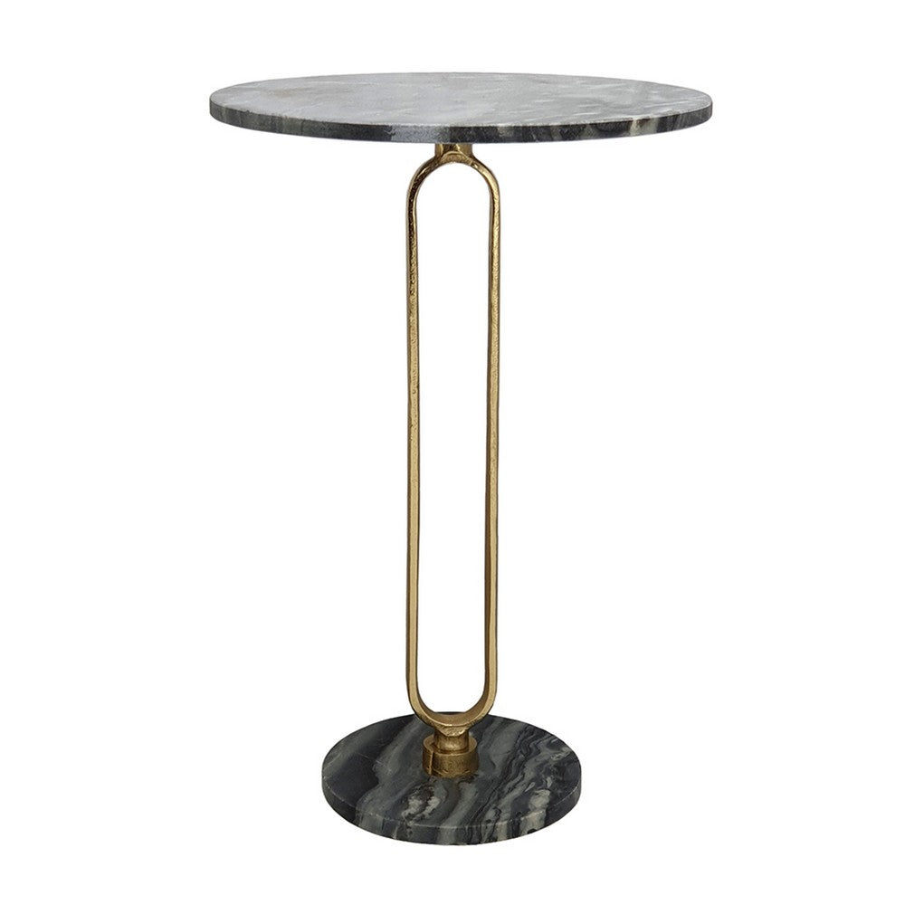 Benjara Side End Table, 16 Inch Round Marble Top, U-Shaped Gold Metal Stem, Black