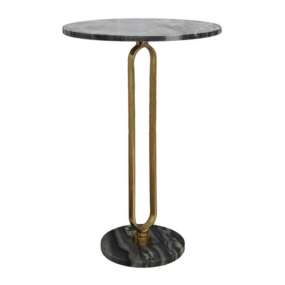 Benjara Side End Table, 16 Inch Round Marble Top, U-Shaped Gold Metal Stem, Black