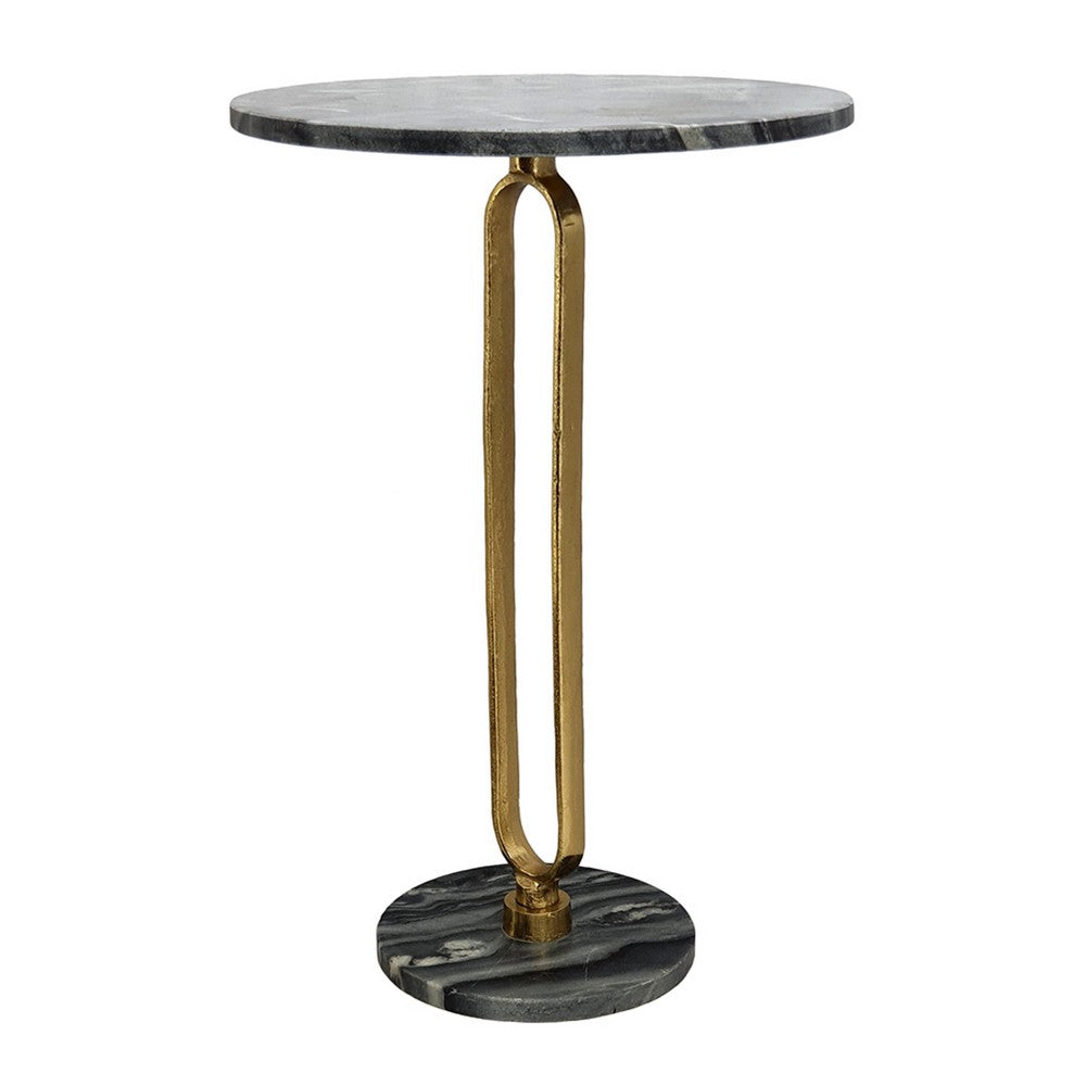Benjara Side End Table, 16 Inch Round Marble Top, U-Shaped Gold Metal Stem, Black