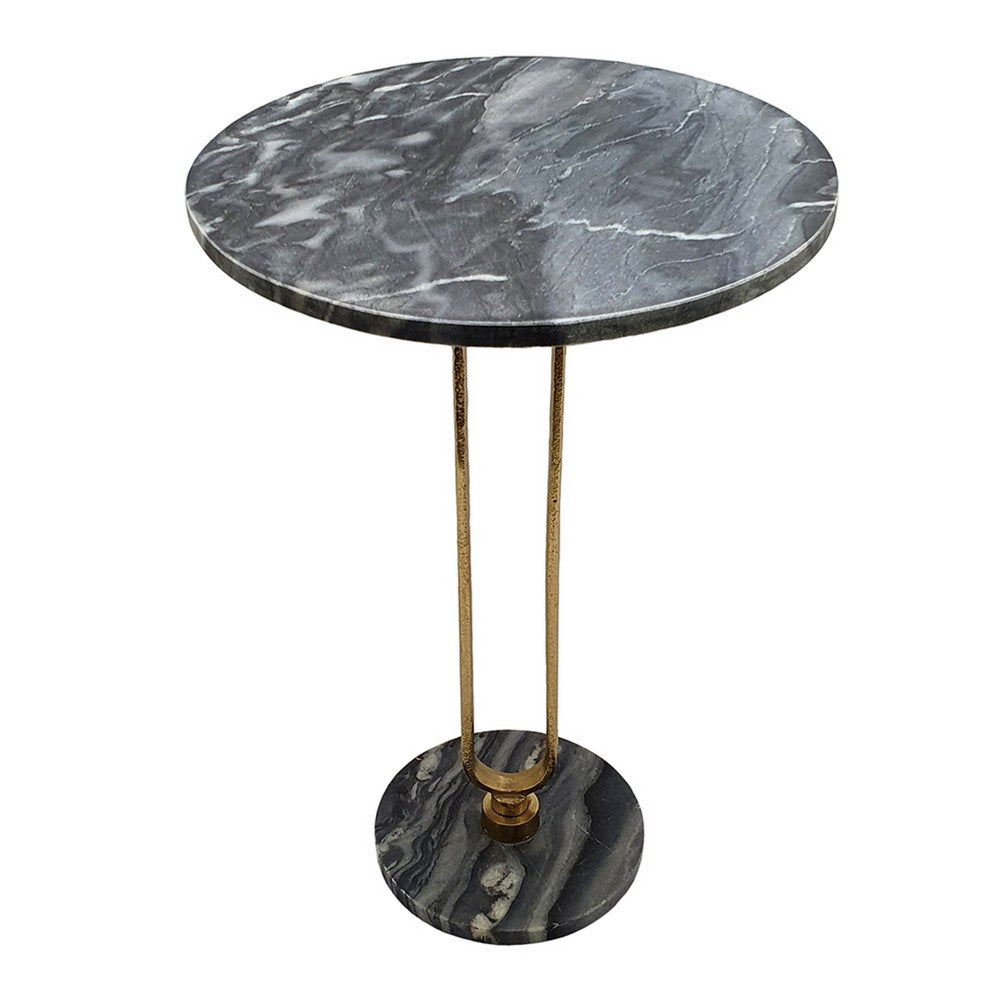 Benjara Side End Table, 16 Inch Round Marble Top, U-Shaped Gold Metal Stem, Black