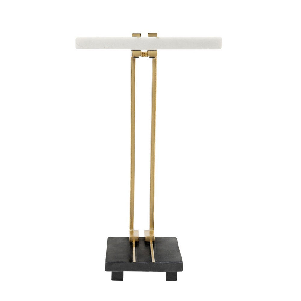 Benjara Dani Side End Table, 13 Inch Square Top, C Shape, White And Black Marble