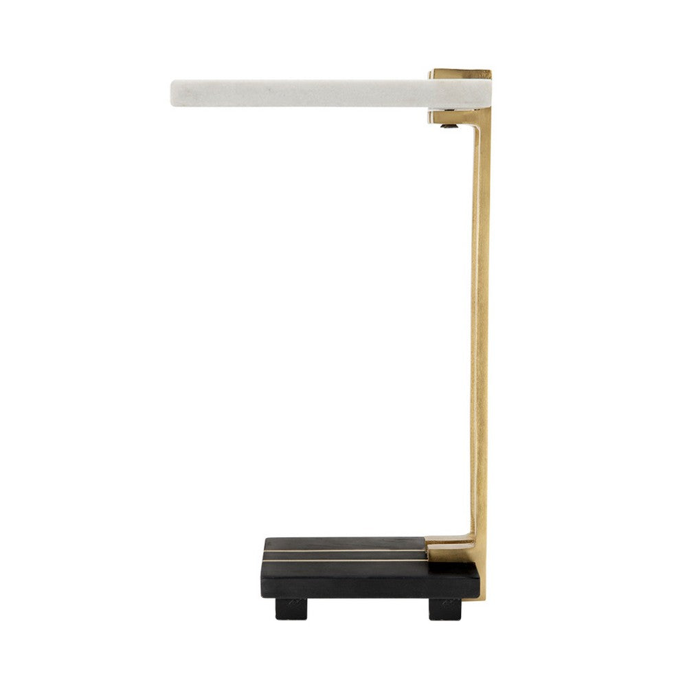 Benjara Dani Side End Table, 13 Inch Square Top, C Shape, White And Black Marble