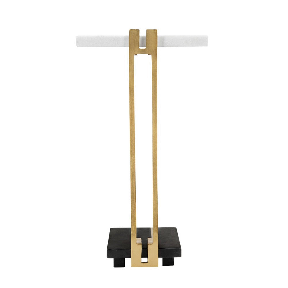 Benjara Dani Side End Table, 13 Inch Square Top, C Shape, White And Black Marble