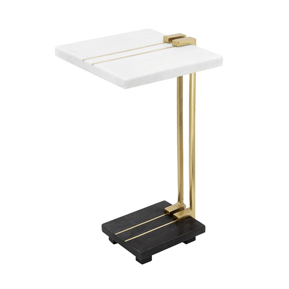 Benjara Dani Side End Table, 13 Inch Square Top, C Shape, White And Black Marble