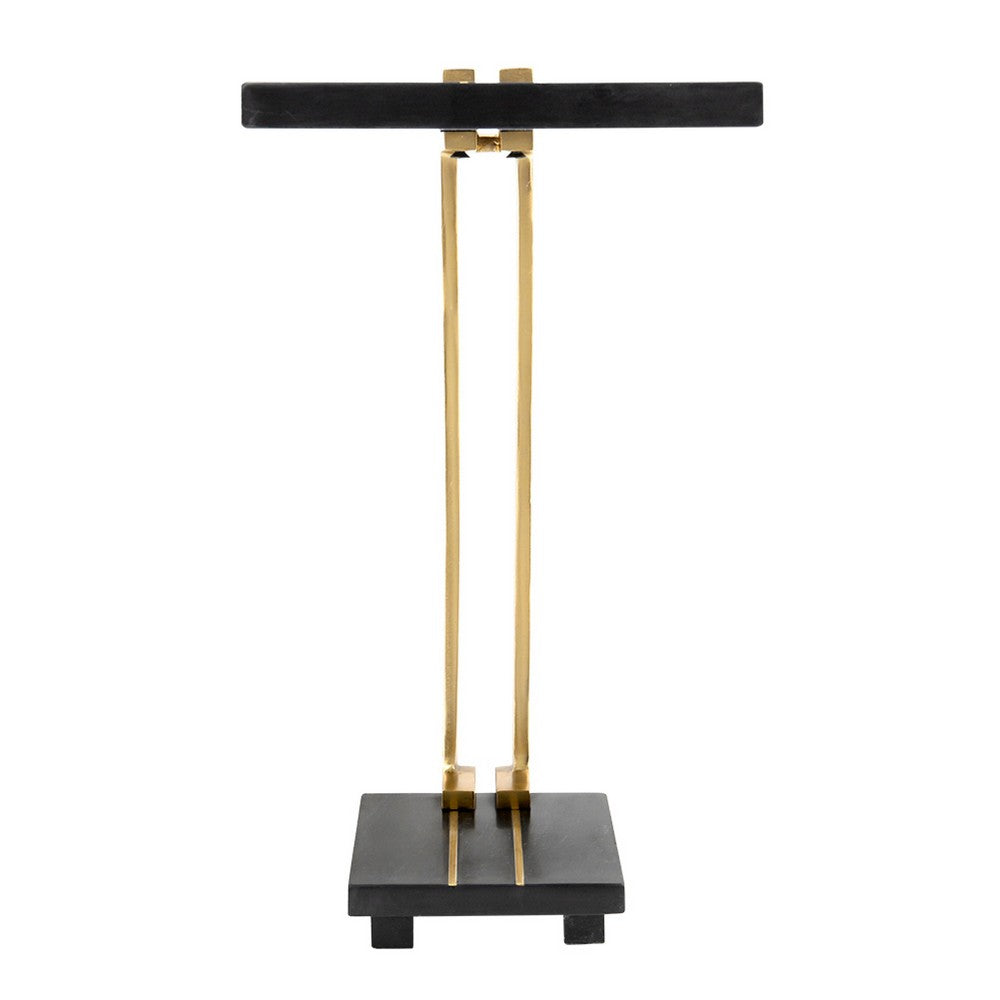 Benjara Dani Side End Table, 13 Inch Square Top, C Shape, Black Marble, Gold