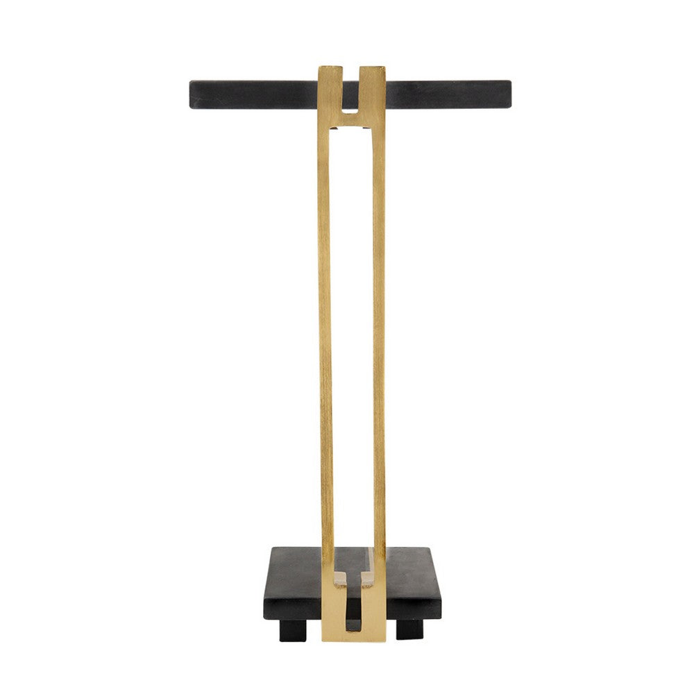 Benjara Dani Side End Table, 13 Inch Square Top, C Shape, Black Marble, Gold