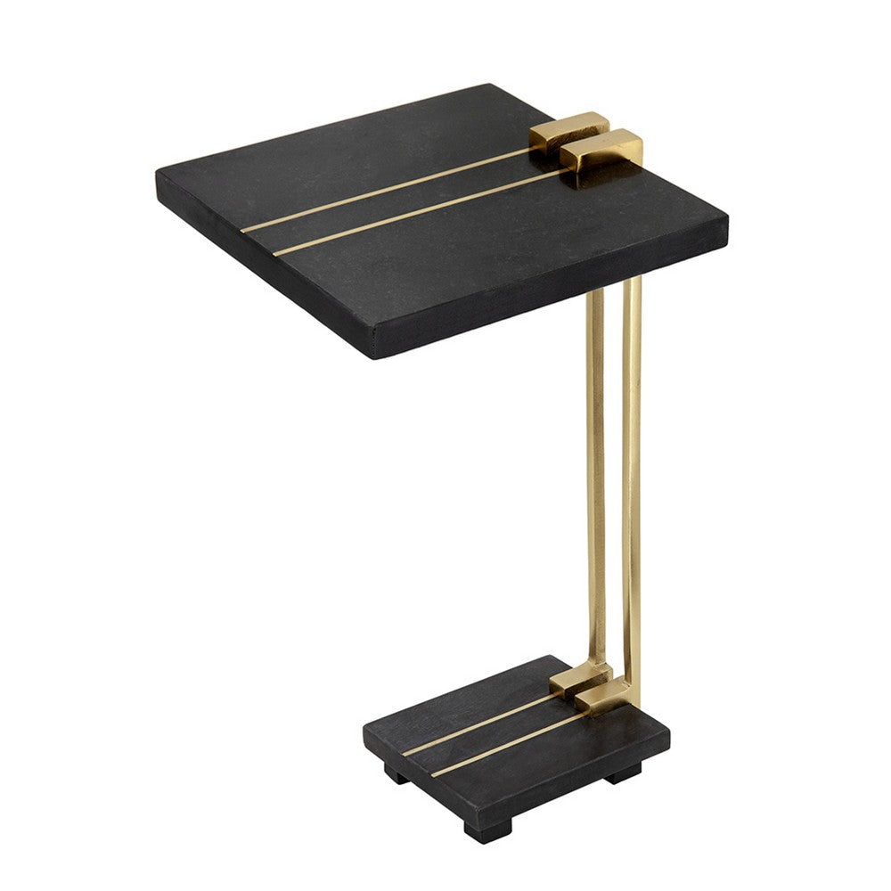Benjara Dani Side End Table, 13 Inch Square Top, C Shape, Black Marble, Gold