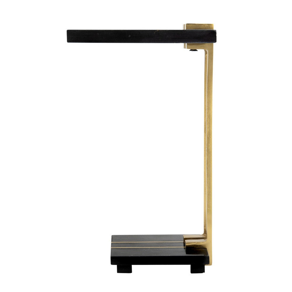 Benjara Dani Side End Table, 13 Inch Square Top, C Shape, Black Marble, Gold