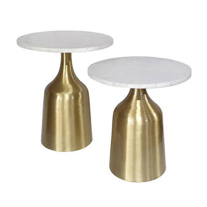 Benjara Side End Table Set of 2, Round White Marble Top, Bell-Shaped Gold Base