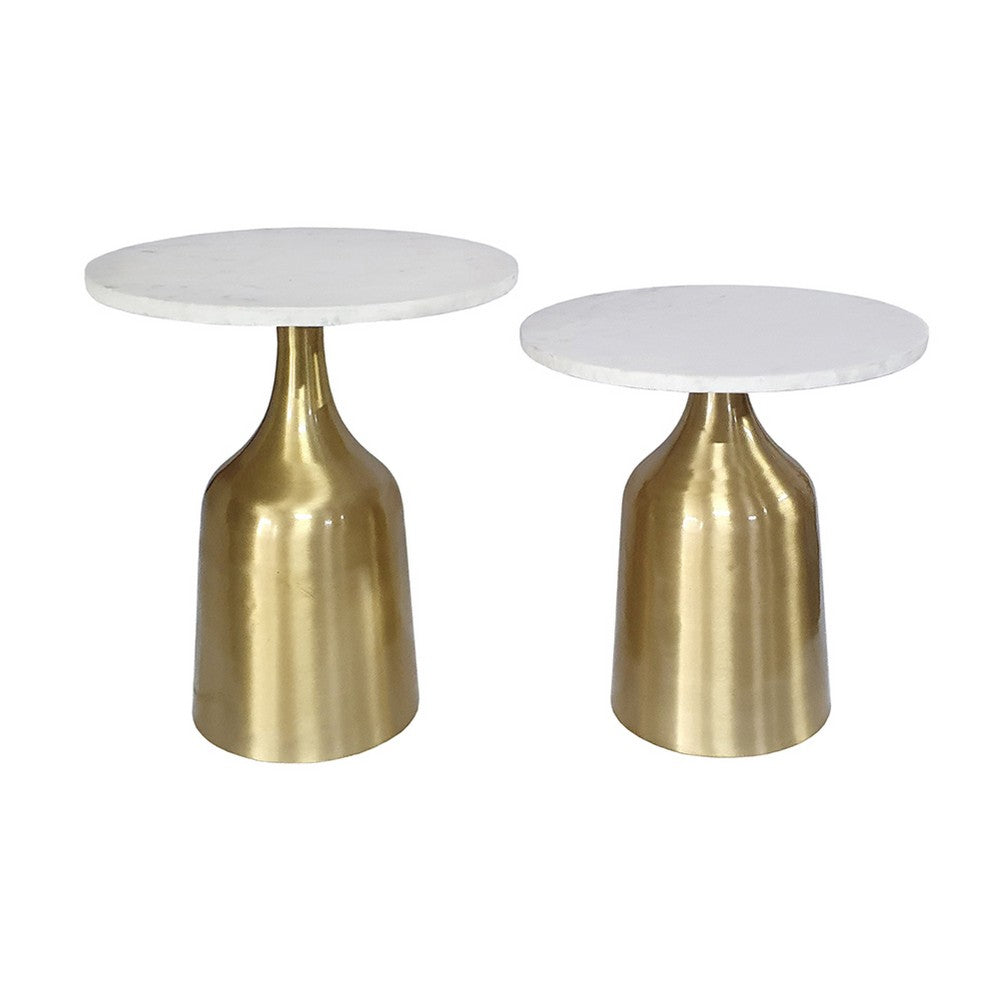 Benjara Side End Table Set of 2, Round White Marble Top, Bell-Shaped Gold Base