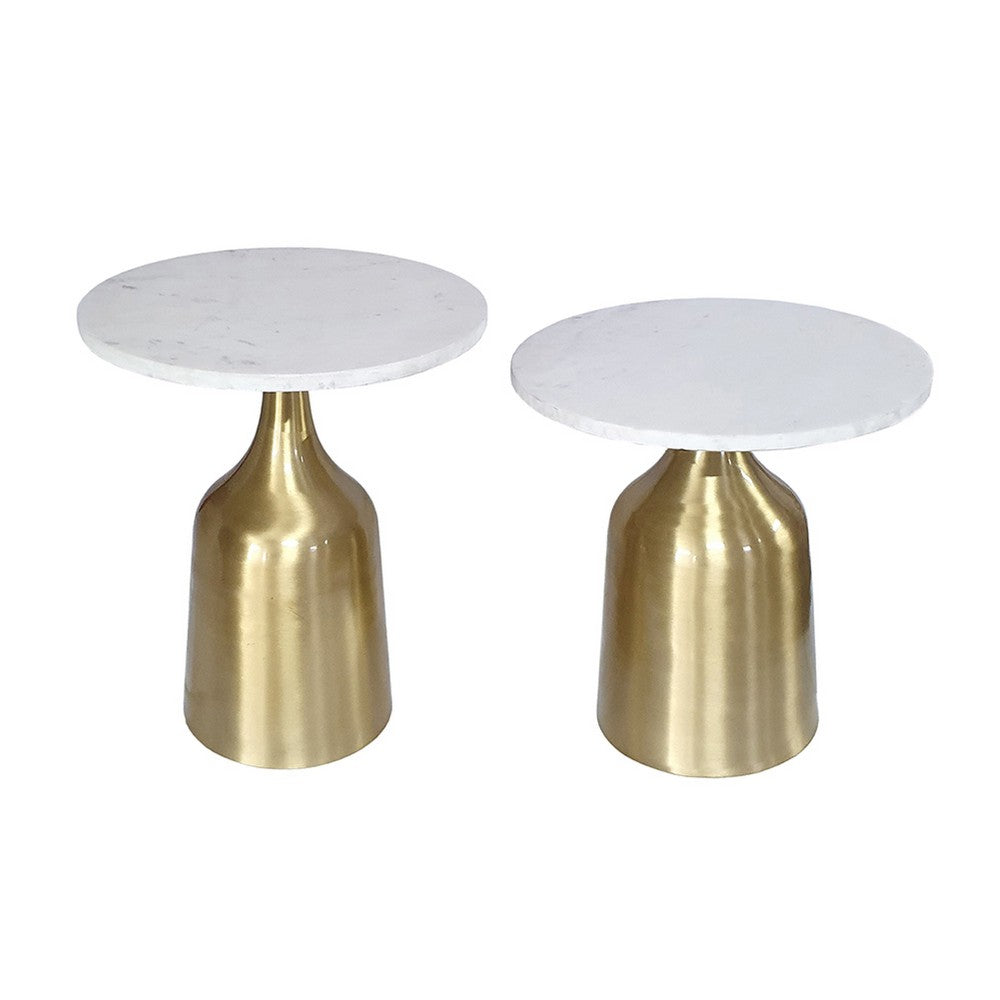 Benjara Side End Table Set of 2, Round White Marble Top, Bell-Shaped Gold Base