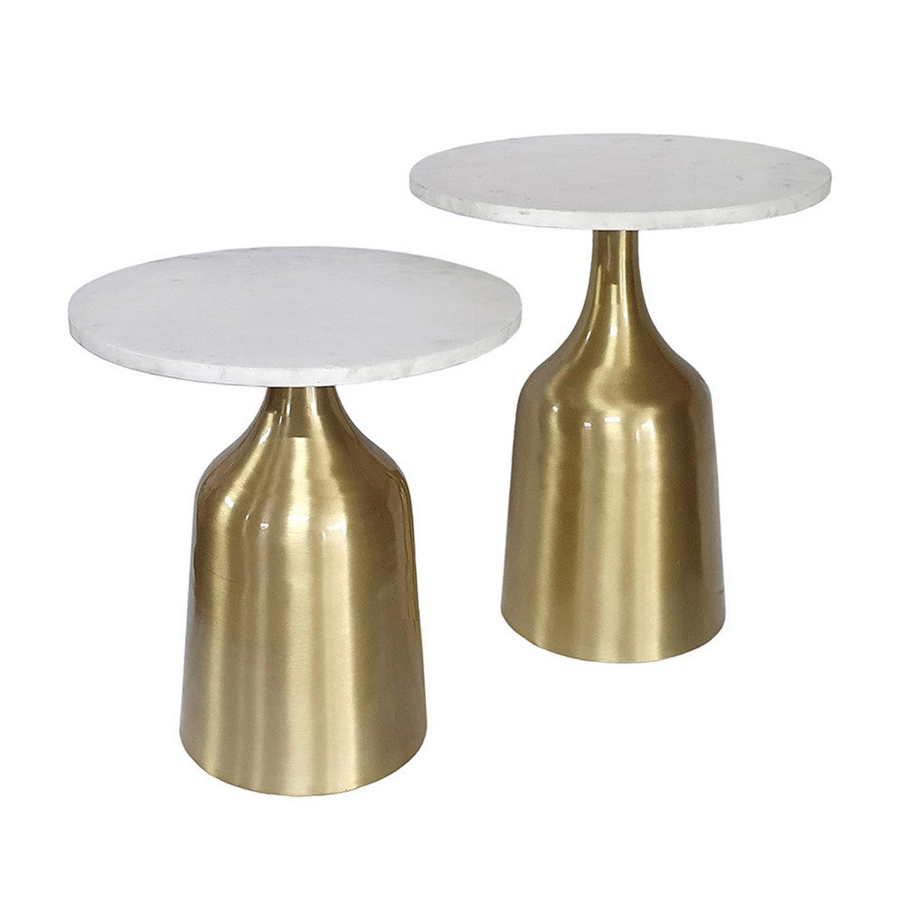 Benjara Side End Table Set of 2, Round White Marble Top, Bell-Shaped Gold Base