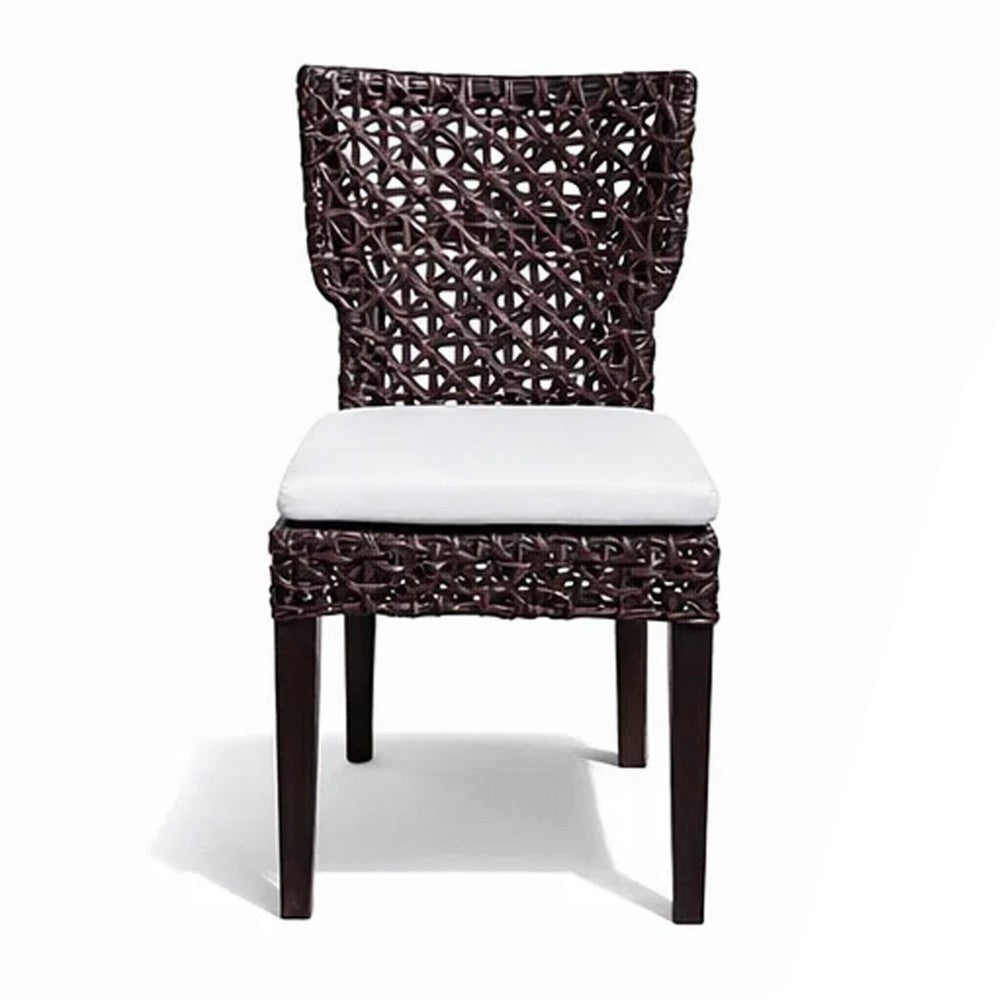 Benjara Dining Side Chair, Rattan Woven Seat And Back, Modern Black Wood Frame