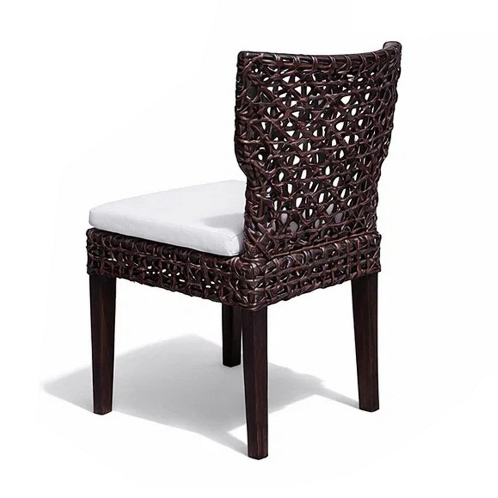 Benjara Dining Side Chair, Rattan Woven Seat And Back, Modern Black Wood Frame