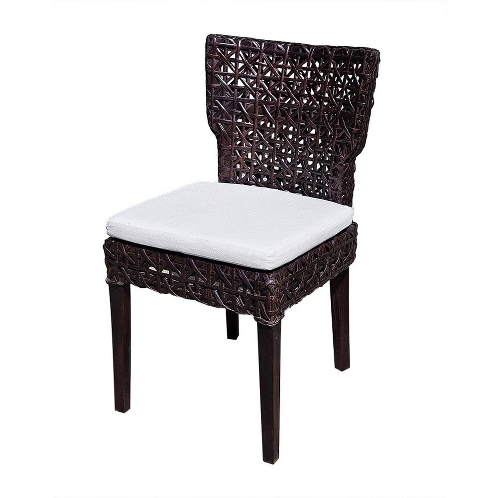 Benjara Dining Side Chair, Rattan Woven Seat And Back, Modern Black Wood Frame