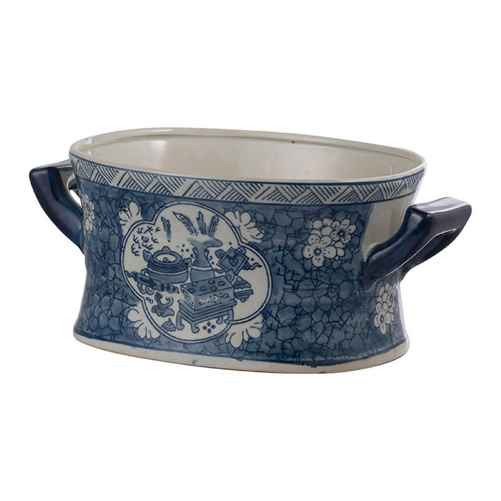 Benjara Porcelain Decorative Planter Pots Set of 2, White Blue, 20, 14 Inch