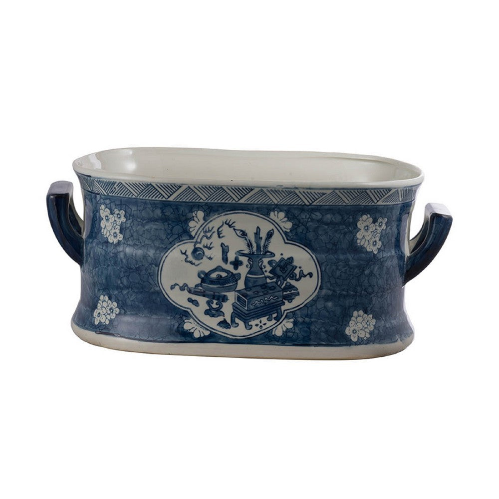 Benjara Porcelain Decorative Planter Pots Set of 2, White Blue, 20, 14 Inch