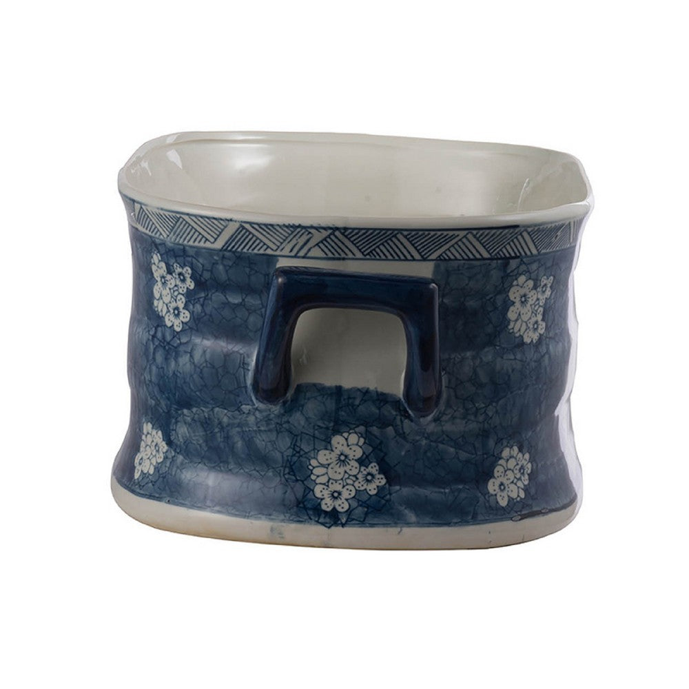 Benjara Porcelain Decorative Planter Pots Set of 2, White Blue, 20, 14 Inch