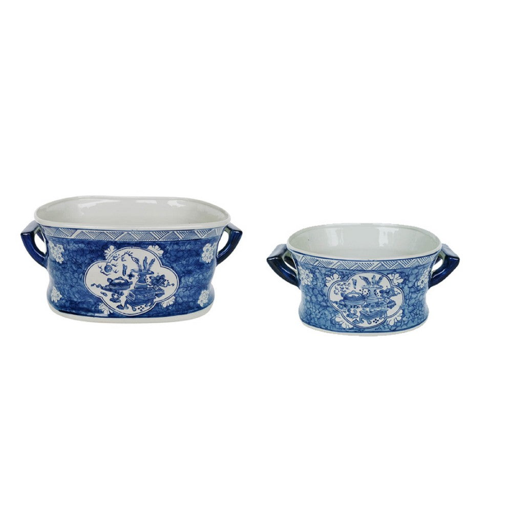 Benjara Porcelain Decorative Planter Pots Set of 2, White Blue, 20, 14 Inch