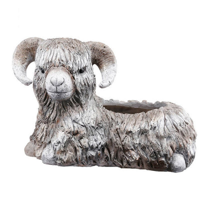 Benjara Outdoor Planter, Mountain Sheep Sculpture, Cream And Gray Resin 15 Inch