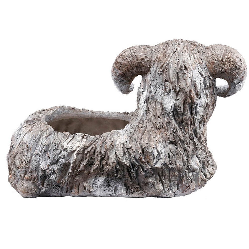 Benjara Outdoor Planter, Mountain Sheep Sculpture, Cream And Gray Resin 15 Inch