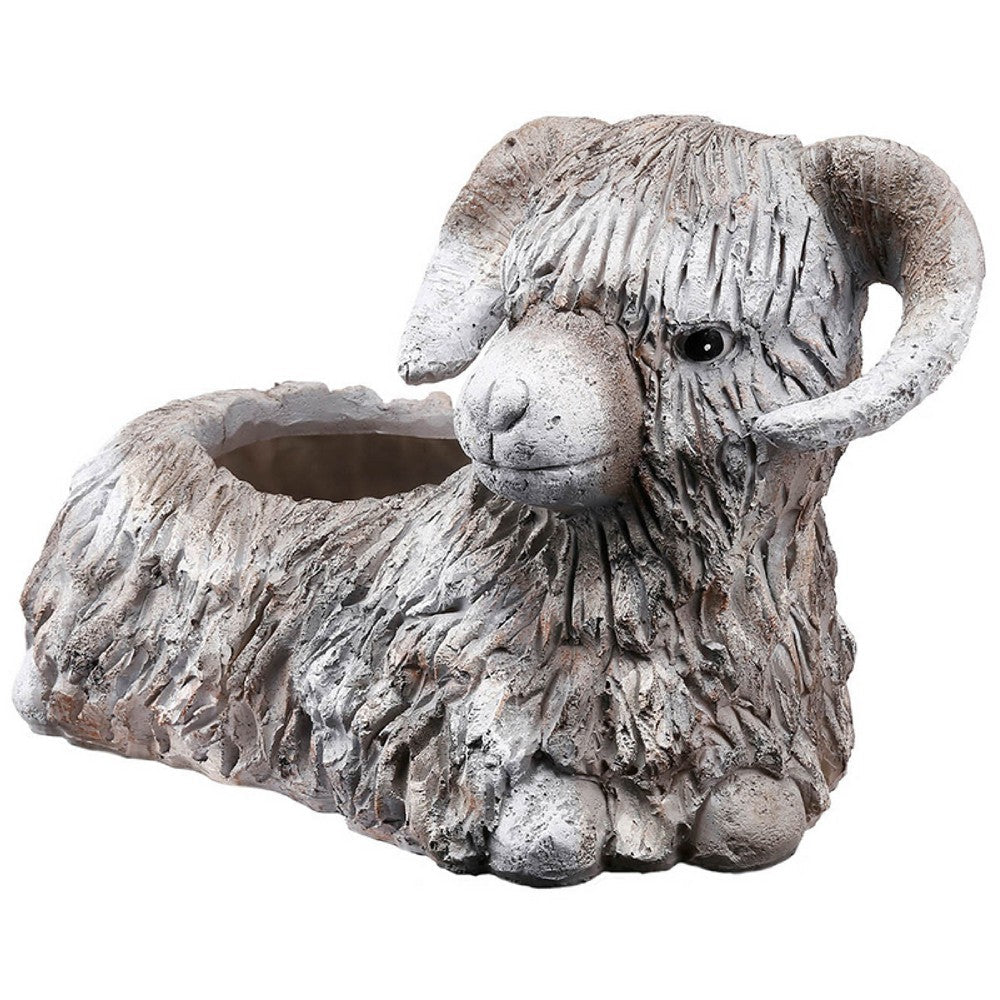 Benjara Outdoor Planter, Mountain Sheep Sculpture, Cream And Gray Resin 15 Inch