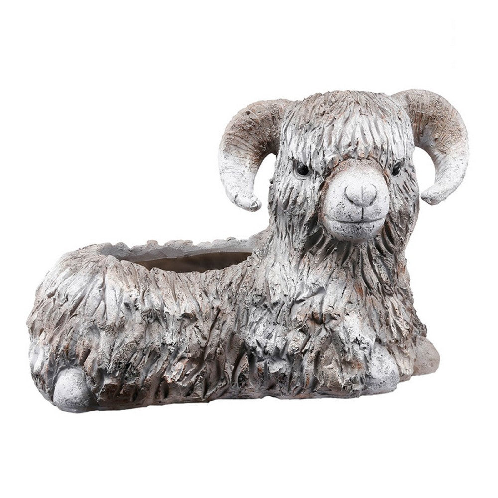 Benjara Outdoor Planter, Mountain Sheep Sculpture, Cream And Gray Resin 15 Inch