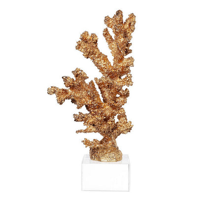 Benjara Coral Accent Tabletop Sculpture, Clear Glass Base, 13 Inch Gold Resin