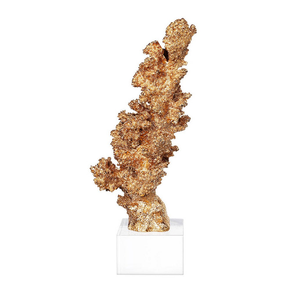 Benjara Coral Accent Tabletop Sculpture, Clear Glass Base, 13 Inch Gold Resin