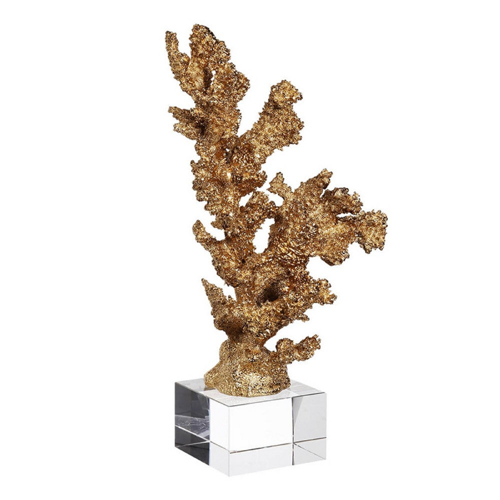 Benjara Coral Accent Tabletop Sculpture, Clear Glass Base, 13 Inch Gold Resin