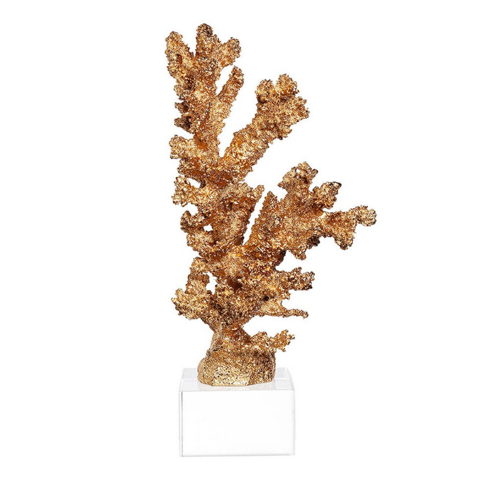 Benjara Coral Accent Tabletop Sculpture, Clear Glass Base, 13 Inch Gold Resin