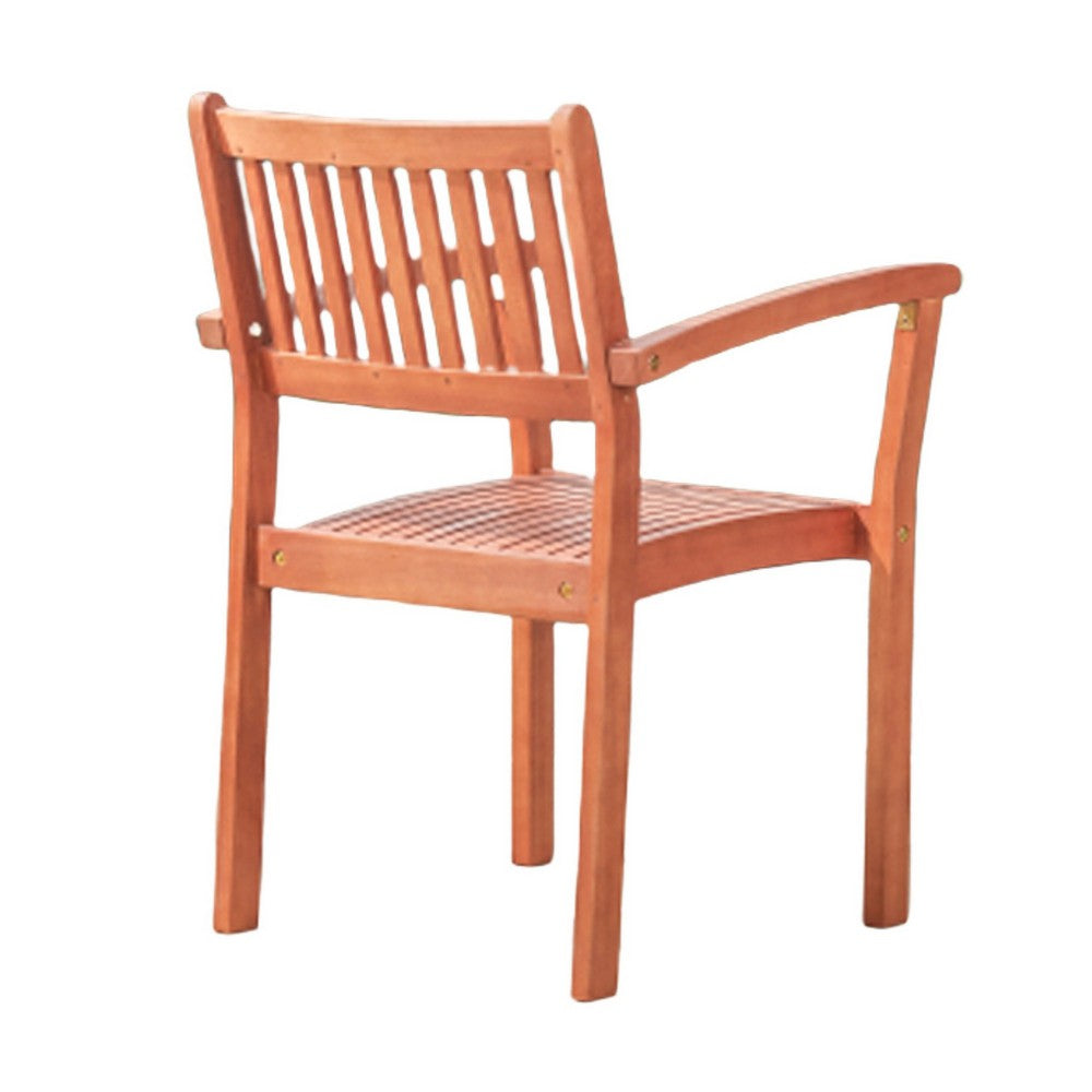Benjara Ceri Outdoor Dining Armchair Set of 2, Slatted Back, Reddish Brown