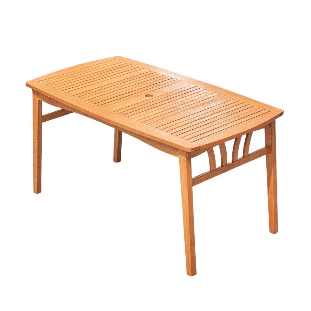 Benjara Heno Outdoor Dining Table with Umbrella Hole, 59 Inch Top, Light Brown