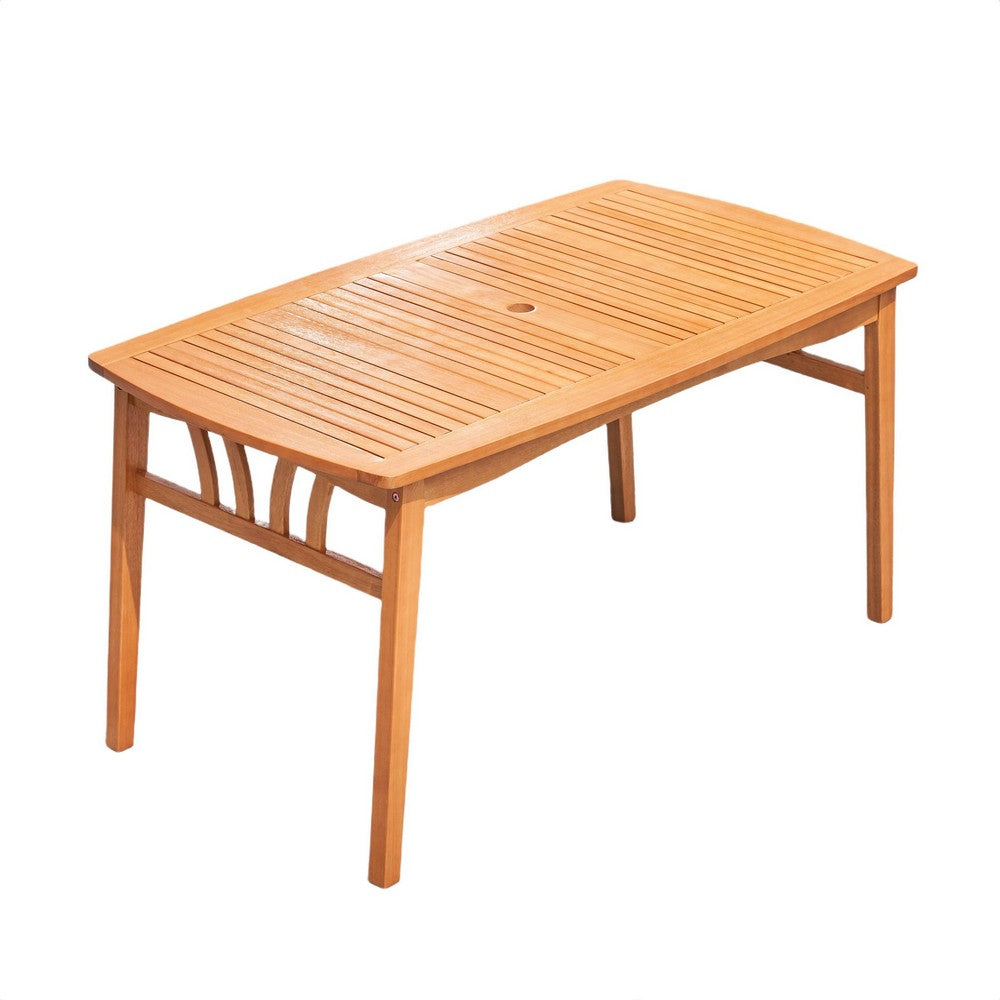 Benjara Heno Outdoor Dining Table with Umbrella Hole, 59 Inch Top, Light Brown