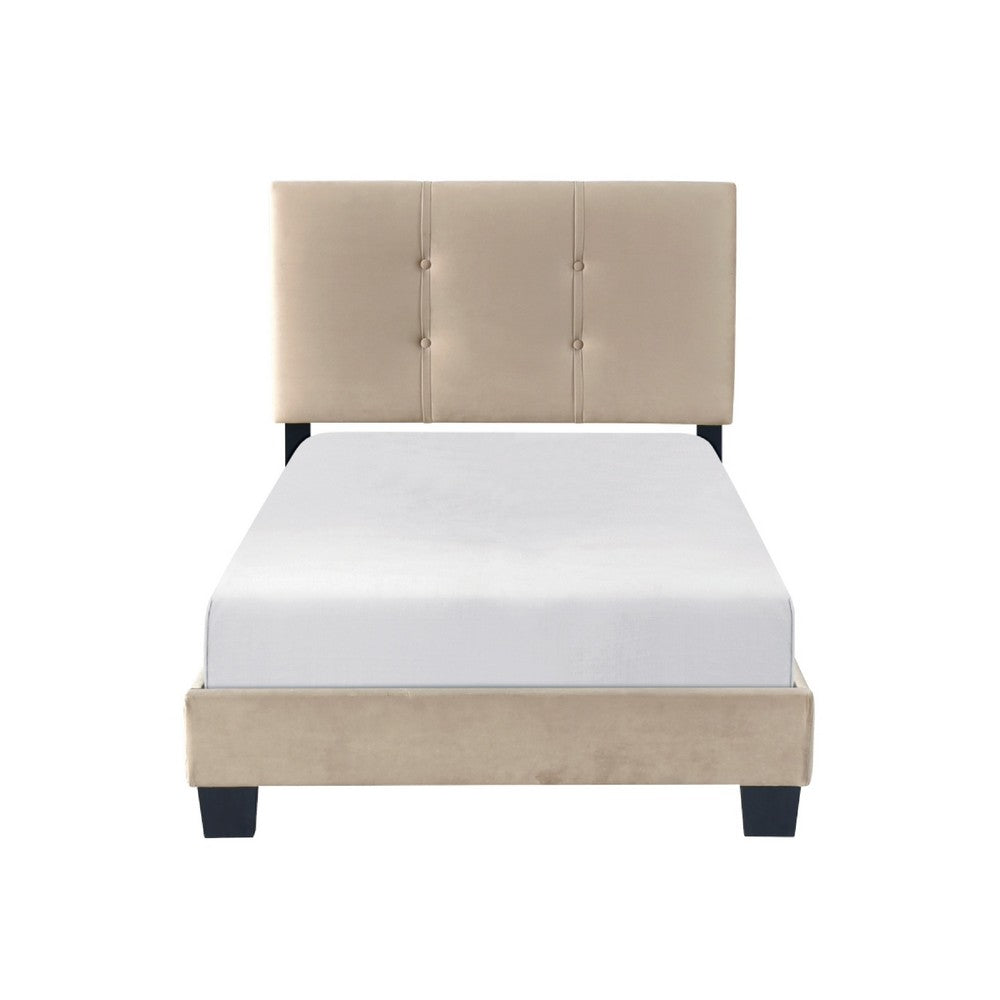 Benjara Viki Twin Bed, Height-Adjustable Headboard, Tufted Brown Velvet, Black