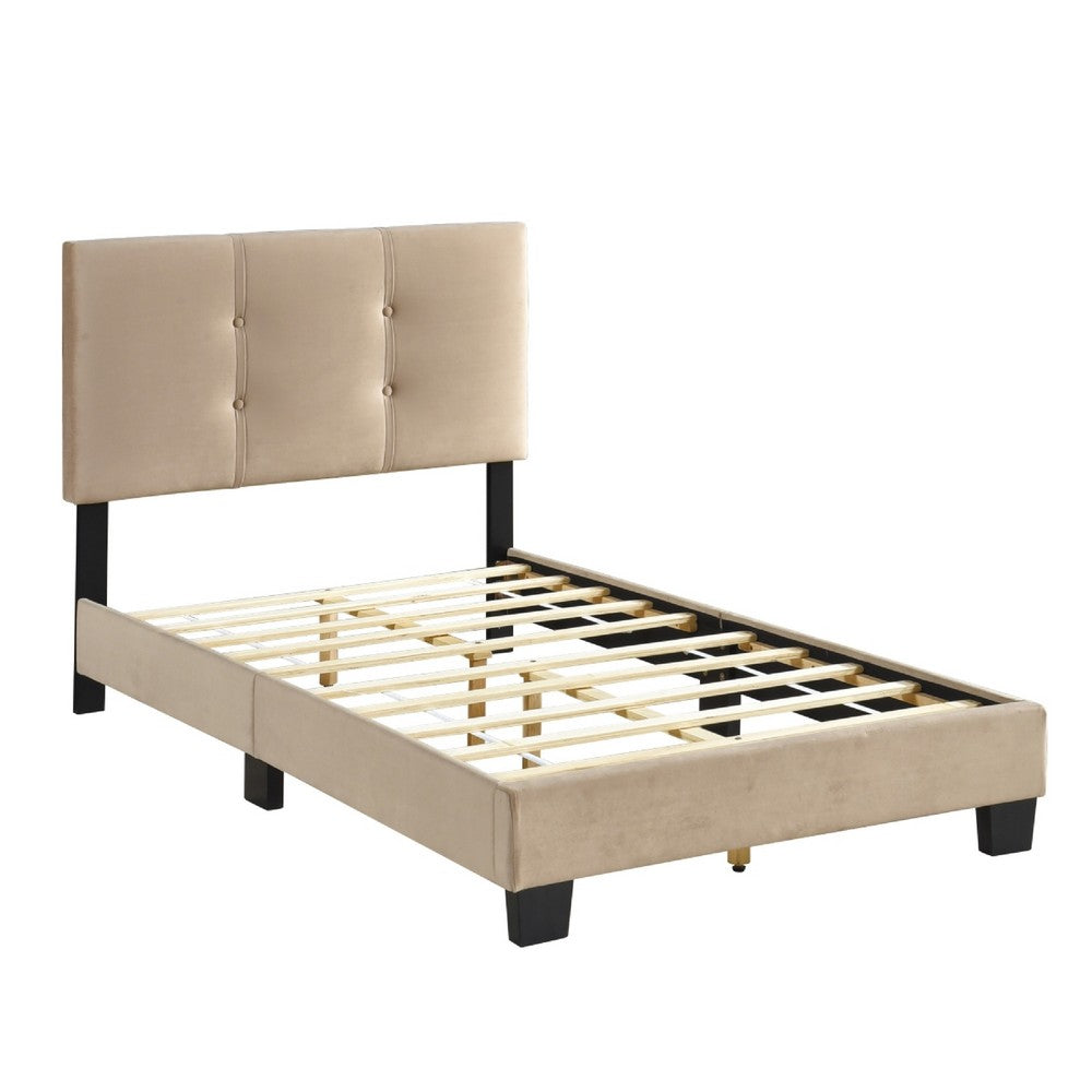 Benjara Viki Twin Bed, Height-Adjustable Headboard, Tufted Brown Velvet, Black