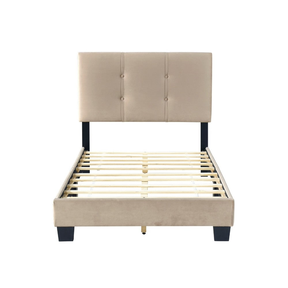 Benjara Viki Twin Bed, Height-Adjustable Headboard, Tufted Brown Velvet, Black