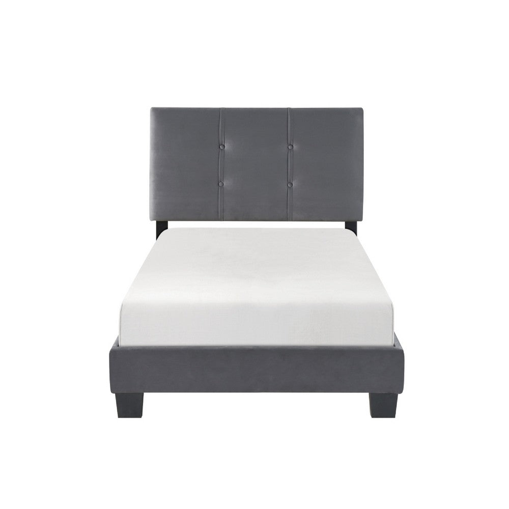 Benjara Viki Twin Bed, Height-Adjustable Headboard, Tufted Gray Velvet, Black