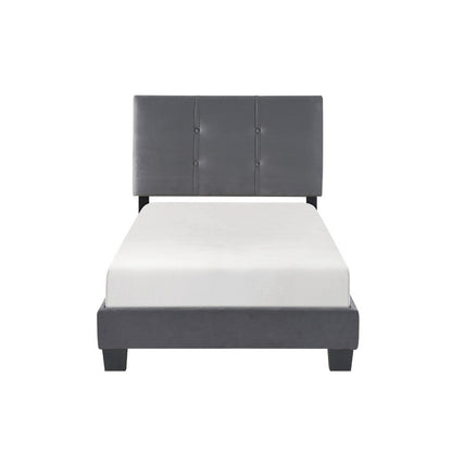 Benjara Viki Twin Bed, Height-Adjustable Headboard, Tufted Gray Velvet, Black