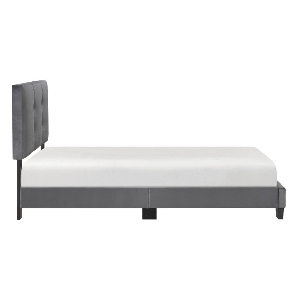 Benjara Viki Twin Bed, Height-Adjustable Headboard, Tufted Gray Velvet, Black