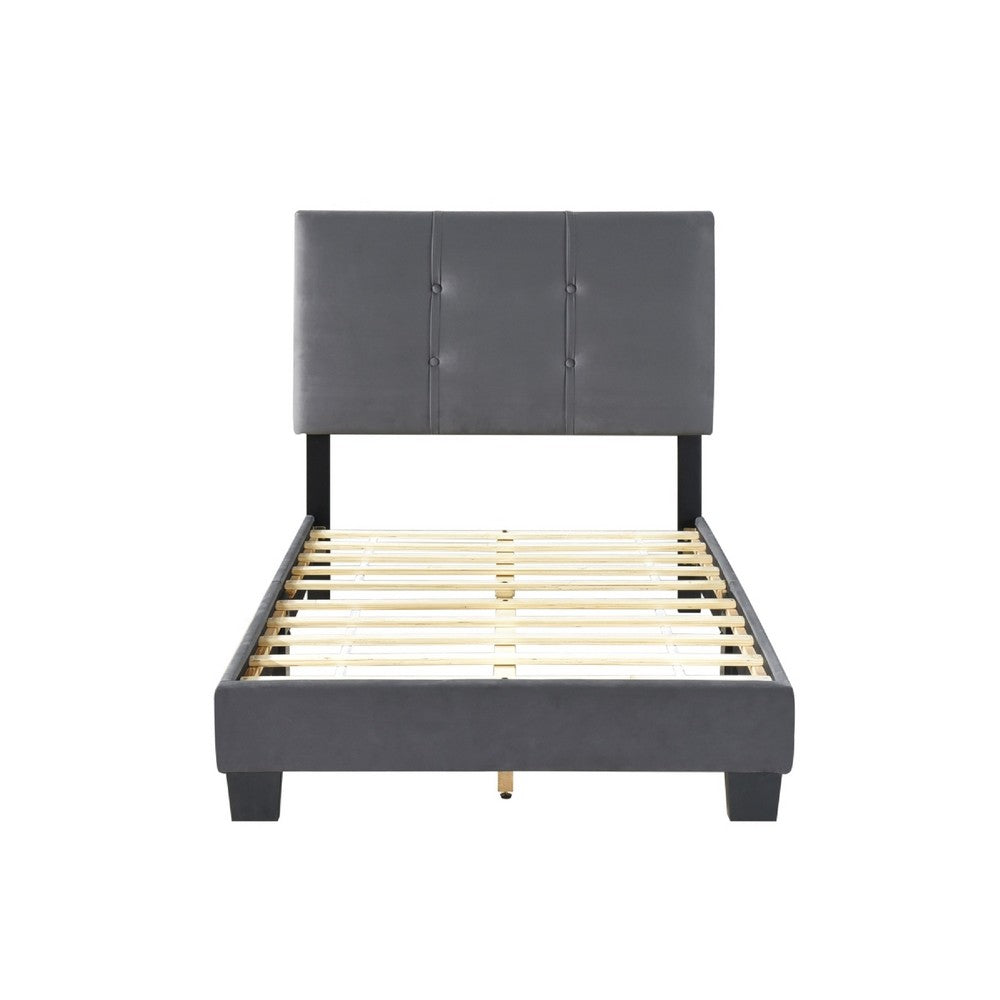 Benjara Viki Twin Bed, Height-Adjustable Headboard, Tufted Gray Velvet, Black