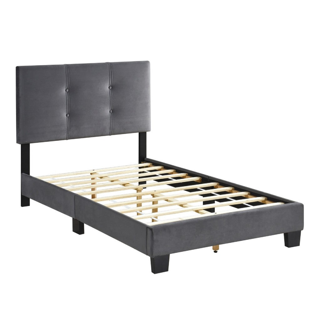 Benjara Viki Twin Bed, Height-Adjustable Headboard, Tufted Gray Velvet, Black