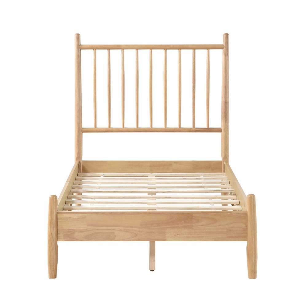 Benjara Lika Twin Platform Bed, Slatted Headboard, Extended Posts, Natural Brown