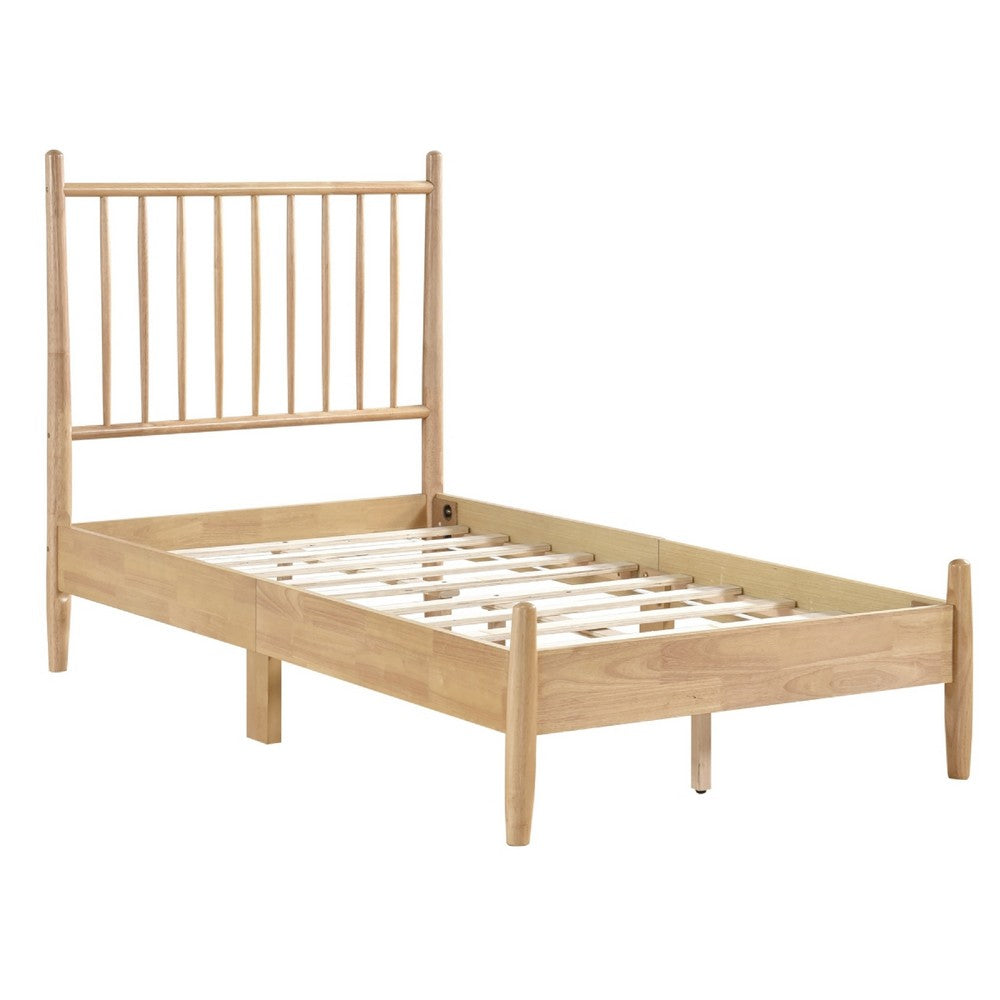 Benjara Lika Twin Platform Bed, Slatted Headboard, Extended Posts, Natural Brown