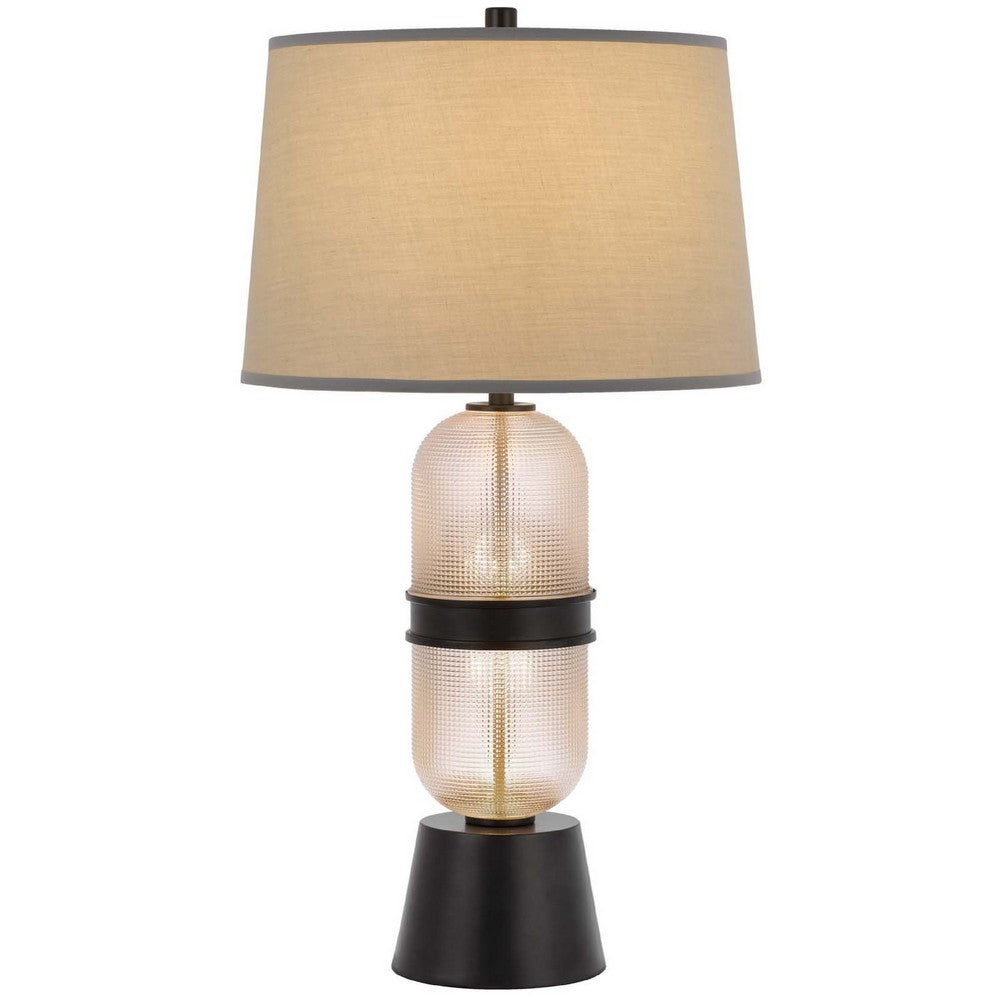 Benjara Table Lamp with LED Light, Gray Drum Shade, Frosted Glass Base, 29 Inch