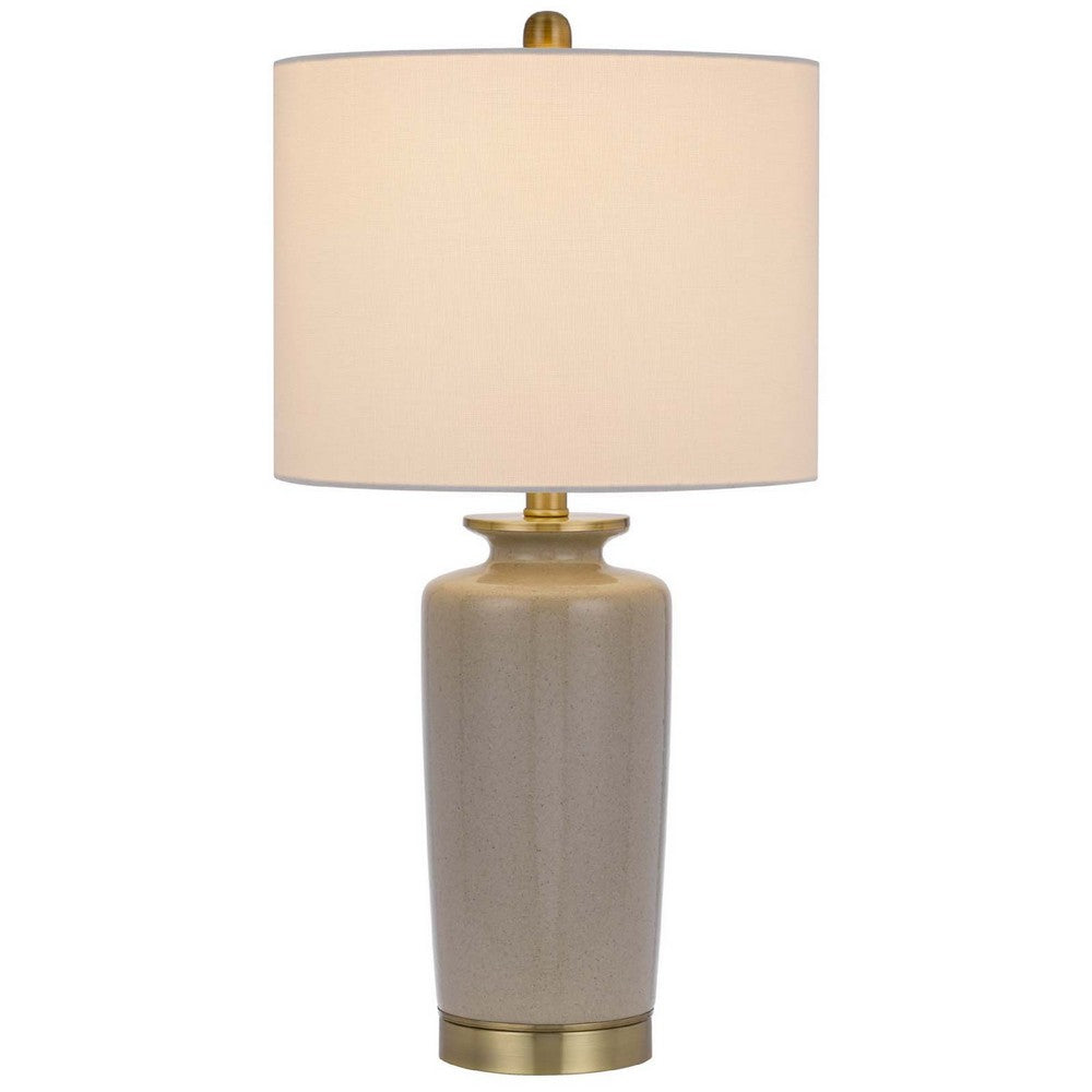 Benjara Table Lamp, White Drum Shade, 26 Inch Sand Gray Ceramic Vase Base