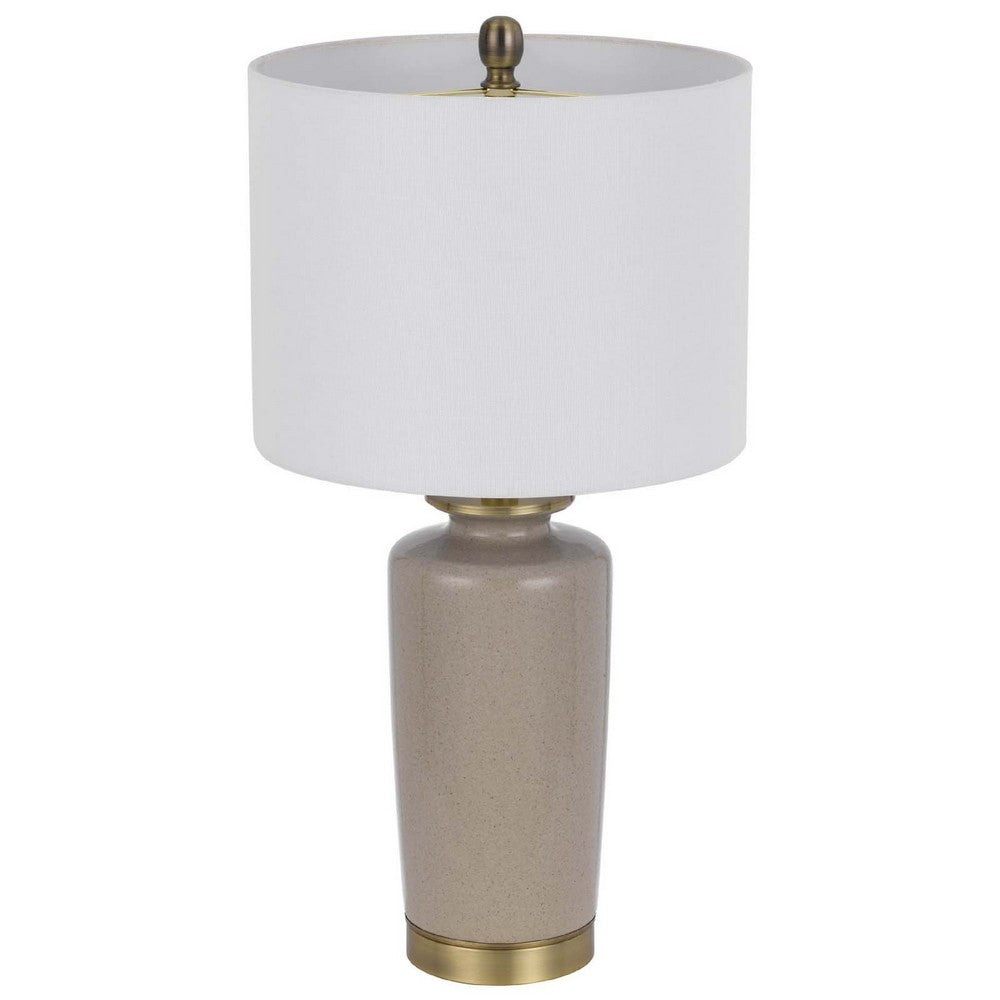 Benjara Table Lamp, White Drum Shade, 26 Inch Sand Gray Ceramic Vase Base