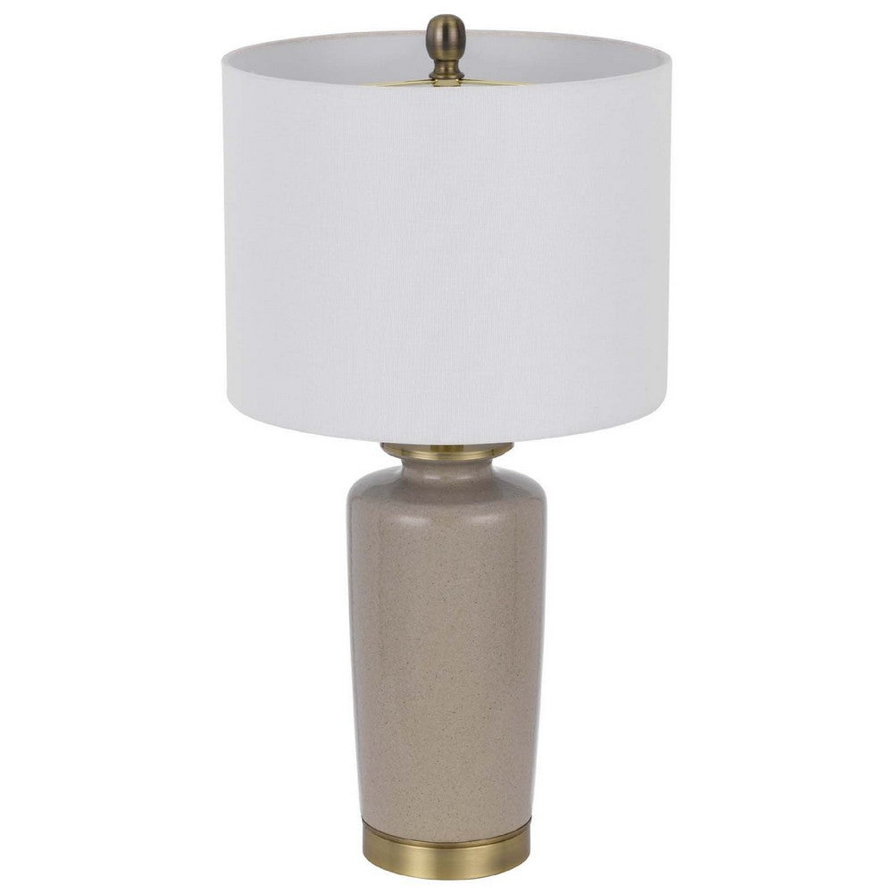 Benjara Table Lamp, White Drum Shade, 26 Inch Sand Gray Ceramic Vase Base