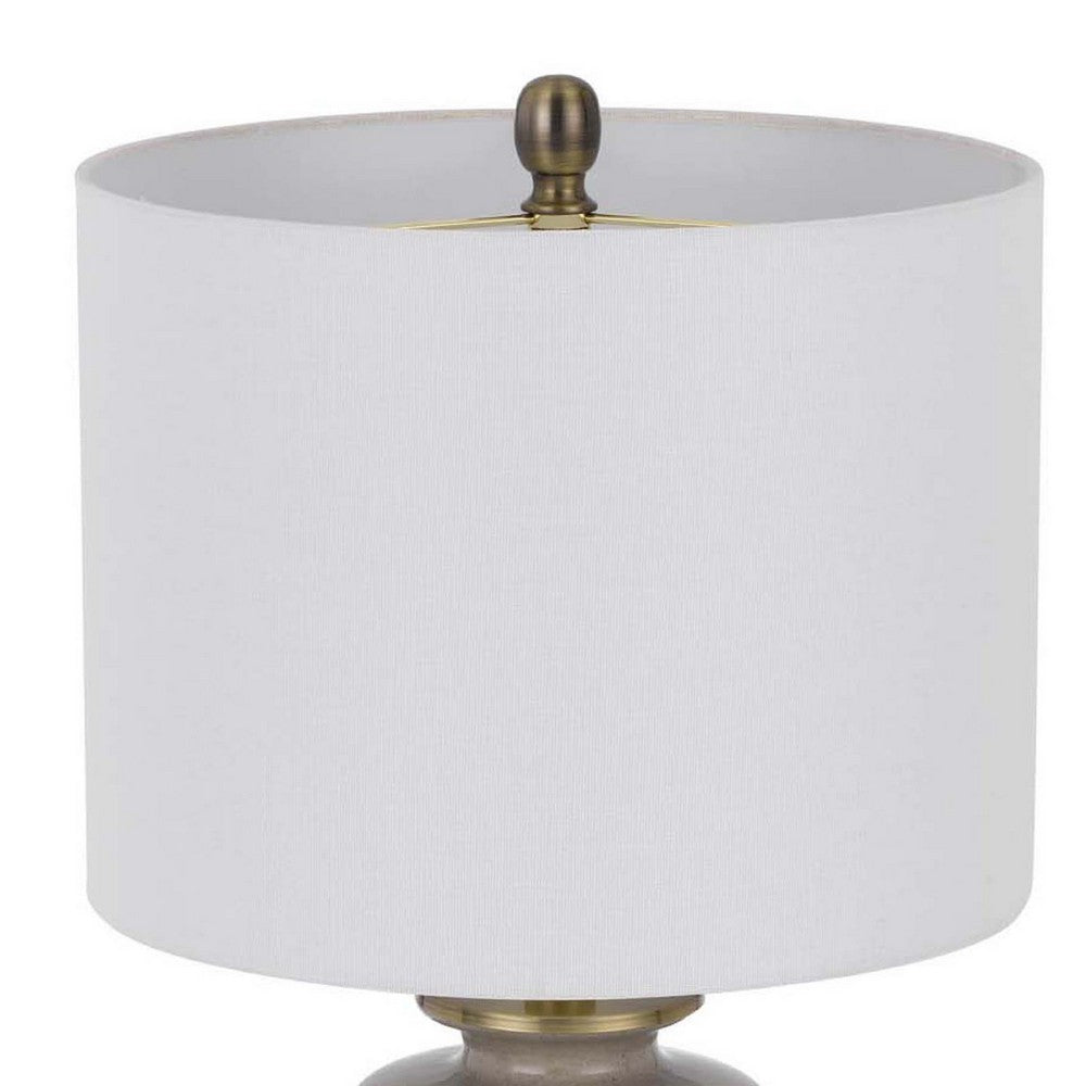 Benjara Table Lamp, White Drum Shade, 26 Inch Sand Gray Ceramic Vase Base