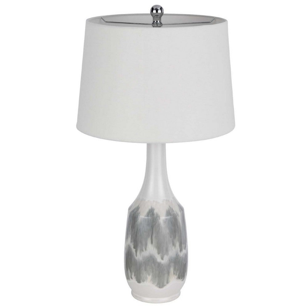 Benjara Table Lamp, Drum Shade, 29 Inch White, Smokey Gray Swirl Ceramic Base